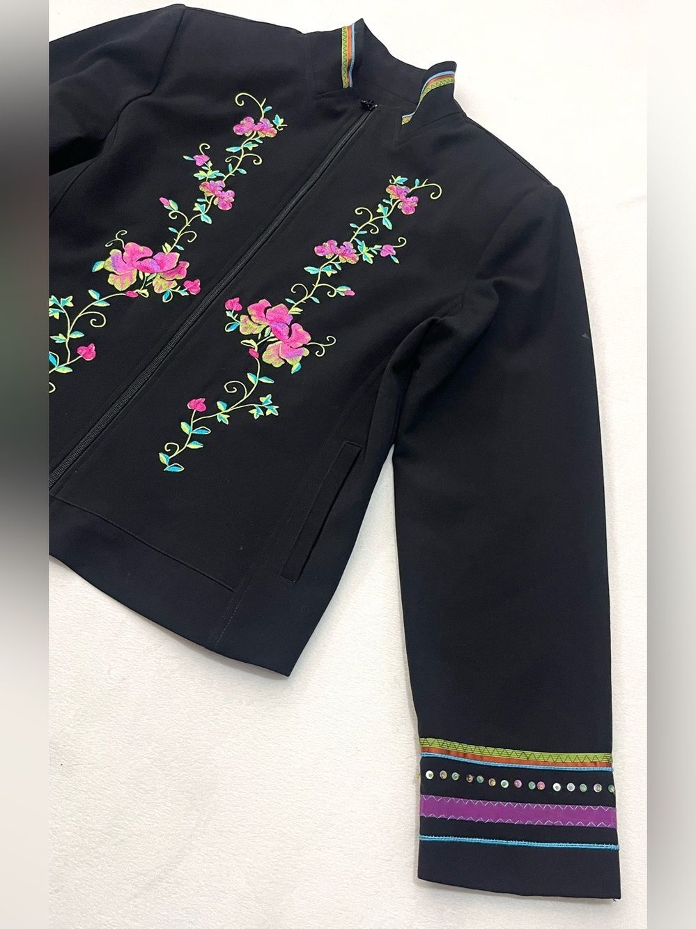 Nancy Bolen Embroidered Sequin Black Pink Floral Zip Blazer Jacket Women’s Top - Picture 7 of 16
